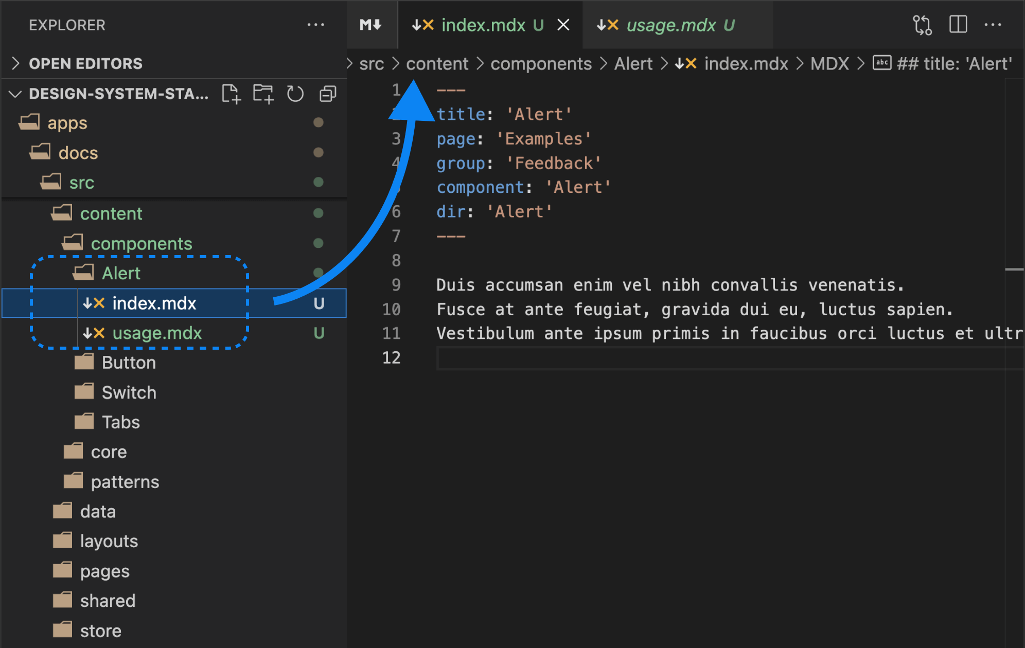 This image shows the IDE window and showcases the result of running a component generator that adds an Alert component and respective documentation files in the respective location of the documentation project, specifically at src/content/components/Alert/index.mdx and usage.mdx