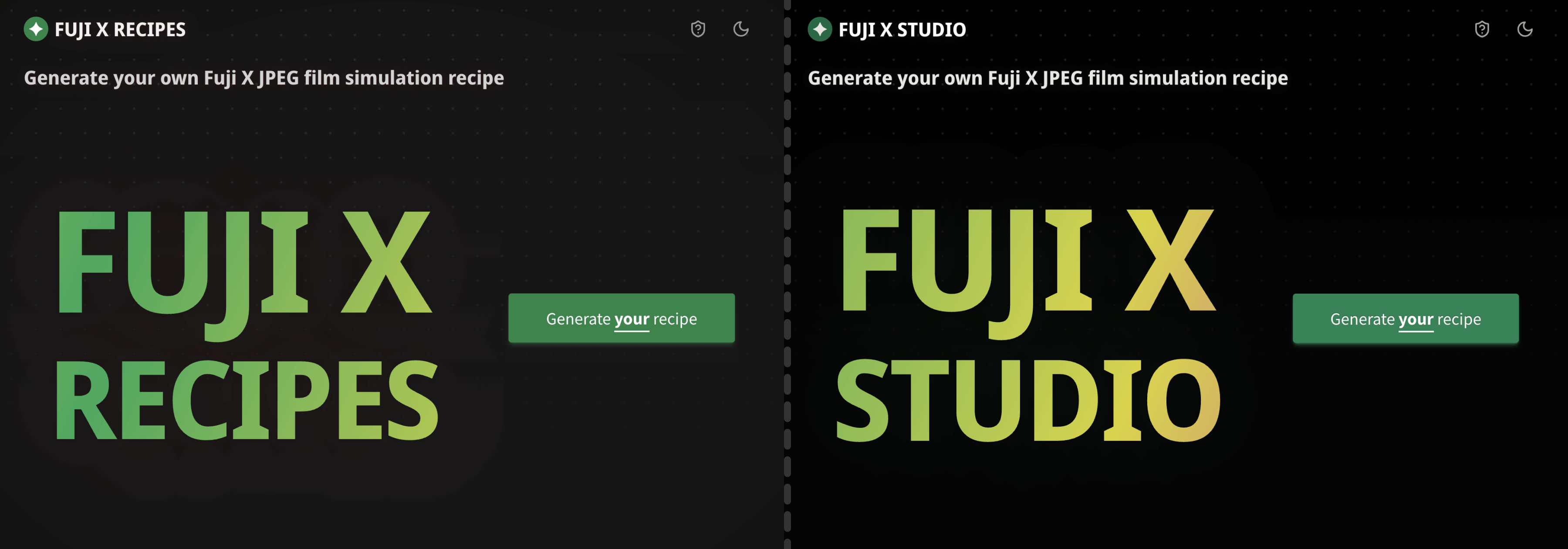 Fuji X Studio landing page in dark theme - before/after Unicornix updates