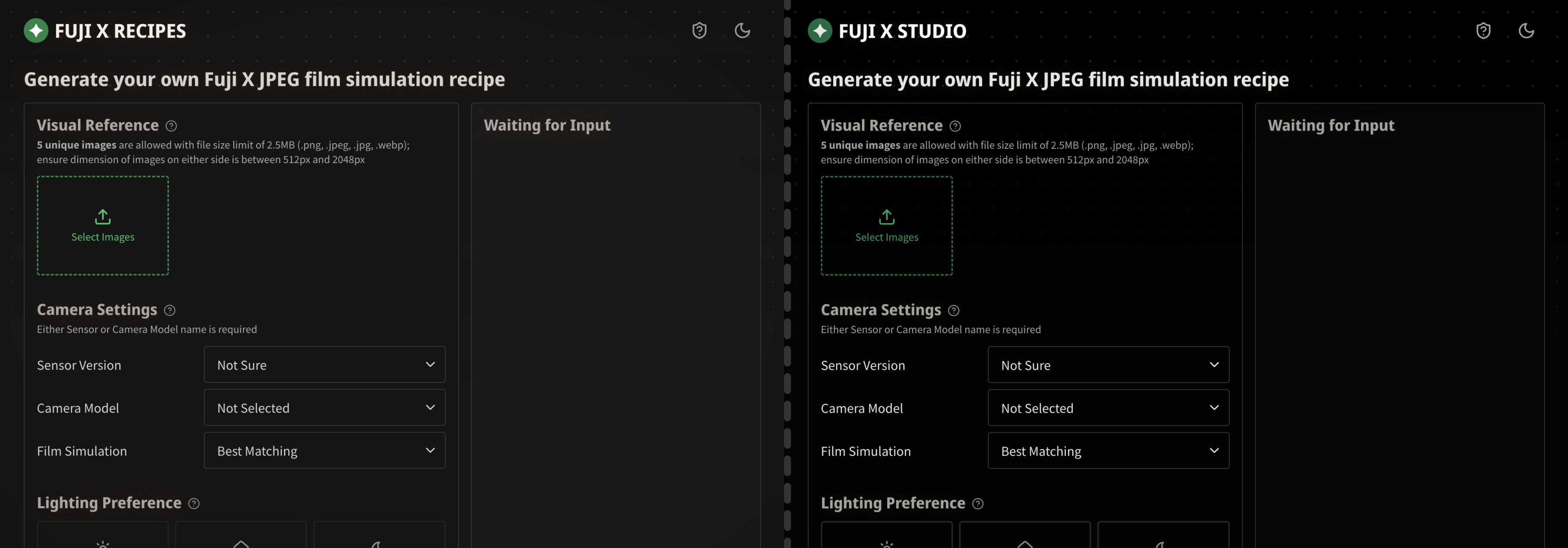 Fuji X Studio recipe page in dark theme - before/after Unicornix updates