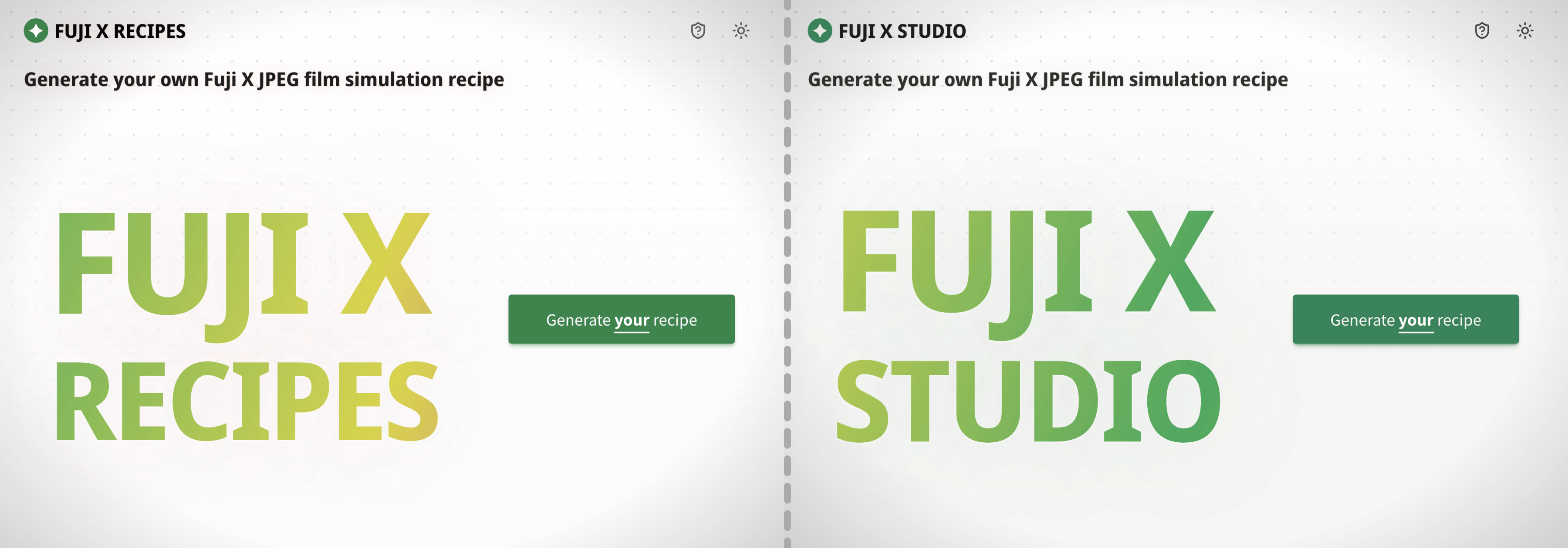 Fuji X Studio landing page in light theme - before/after Unicornix updates