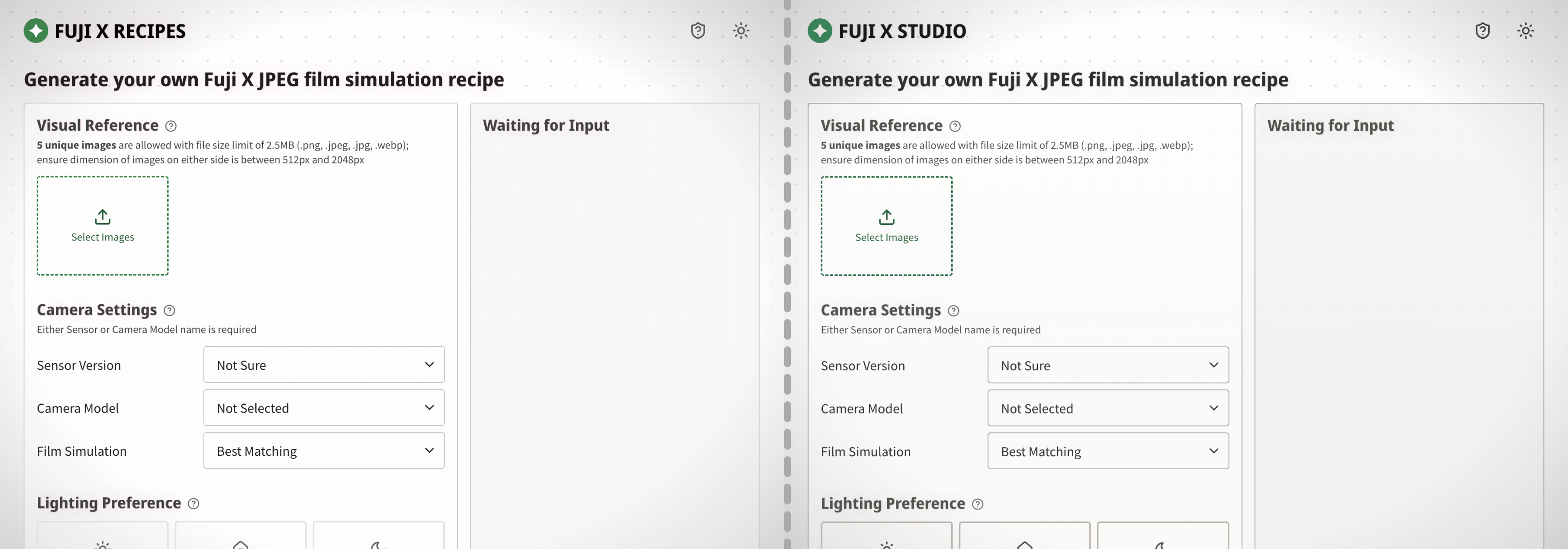 Fuji X Studio recipe page in light theme - before/after Unicornix updates